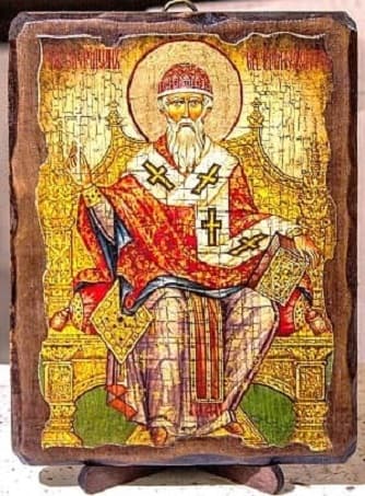 Спиридон Тримифунтский (трон), икона под старину, на дереве (8x10)