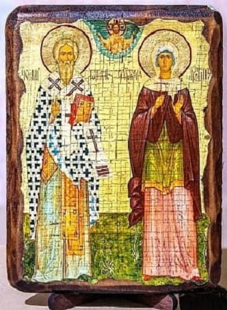 Киприан и Устиния, икона под старину, на дереве (21х28)