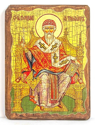 Спиридон Тримифунтский (трон), икона под старину, на дереве (30х42)