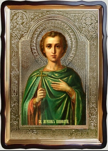 Вонифатий, Св. муч (зелёное одеяние), в фигурном киоте, с багетом. Храмовая икона 60 Х 80 см.