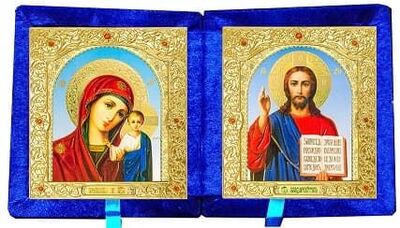 Складень бархат (Б-22-6-СГФ) цвет синий, малый, голубой фон, лик 10Х12