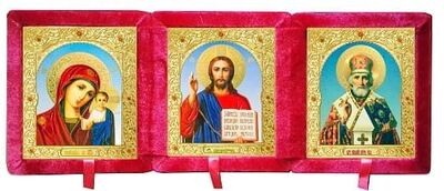 Иконостас бархатный (Б-223-6-КГФ) цвет красный, малый, голубой фон, вынимающийся лик 10х12