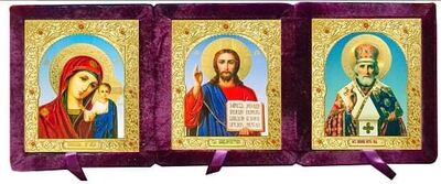 Иконостас бархатный (Б-223-6-БГФ) цвет бордовый, малый, голубой фон, вынимающийся лик 10х12