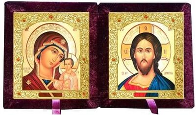 Складень бархат (Б-21-7-БВС) цвет бордовый, средний, византийский стиль, лик 15х18