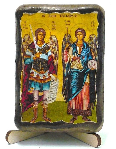 Михаил и Гавриил, икона под старину, на дереве (8x10)