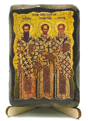 Три святителя Василий Великий, Григорий Богослов и Иоанн Златоуст, икона под старину, на дереве (8x10)