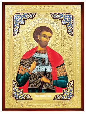 Иоанн Воин (пояс). Храмовая икона в прямом композитном киоте, с багетом, 64 Х 84