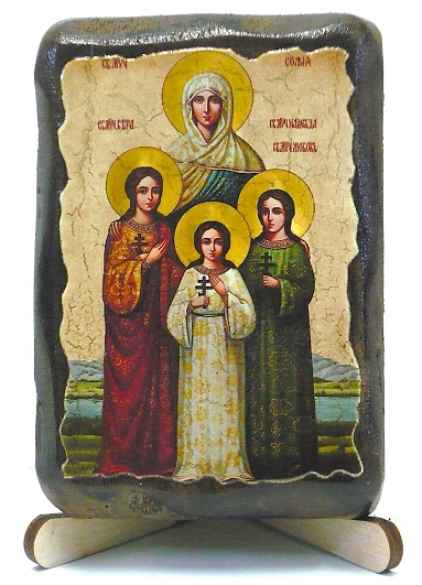Вера, Надежда, Любовь, и мать их София, икона под старину, на дереве (8x10)