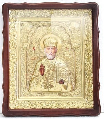 Николай Чудотворец. Храмовая икона в фигурном киоте, в ризе, с багетом, 38 Х 44