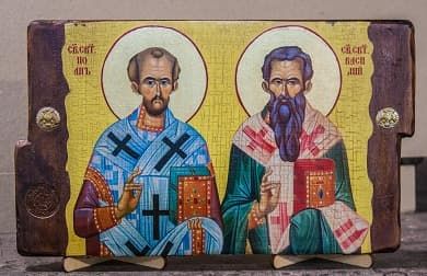 Иоанн и Василий Св.Свт., икона под старину, сургуч, (30x17)