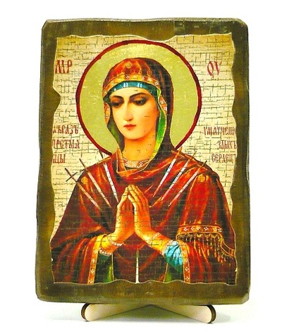 Умягчение злых сердец Б.М., икона под старину, на дереве (13х17)