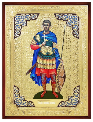 Иоанн Воин (рост). Храмовая икона в прямом композитном киоте, с багетом, 64 Х 84