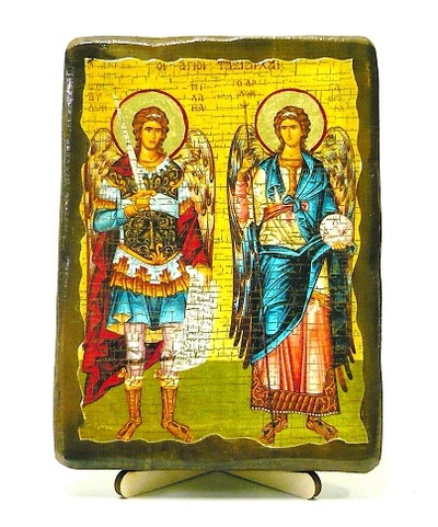 Михаил и Гавриил, икона под старину, на дереве (13х17)