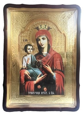 Троеручица Б.М.(2), в фигурном киоте, с багетом. Храмовая икона 60 Х 80 см.