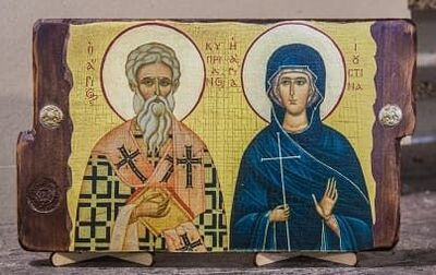 Киприан и Устинья, икона под старину, сургуч, (30x17)