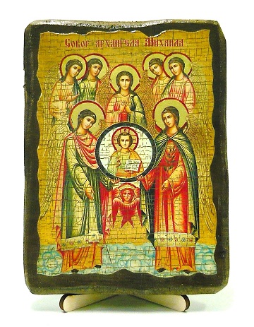 Собор архангела Михаила, икона под старину, на дереве (13х17)
