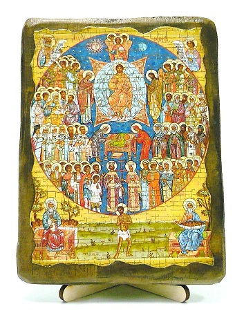 Собор всех святых, икона под старину, на дереве (13х17)