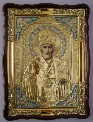 Николай Чудотворец, в фигурном киоте, ризе, с багетом. Храмовая икона (60 Х 80)