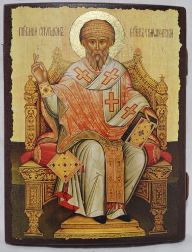Спиридон Тримифунтский (трон), икона под старину JERUSALEM панорамная (11 Х 15)