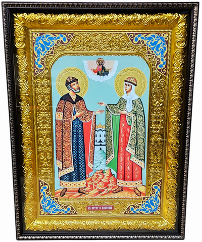 Петр и Феврония (рост.салатовый.фон). Храмовая икона в прямом композитном киоте, с багетом, 64 Х 84