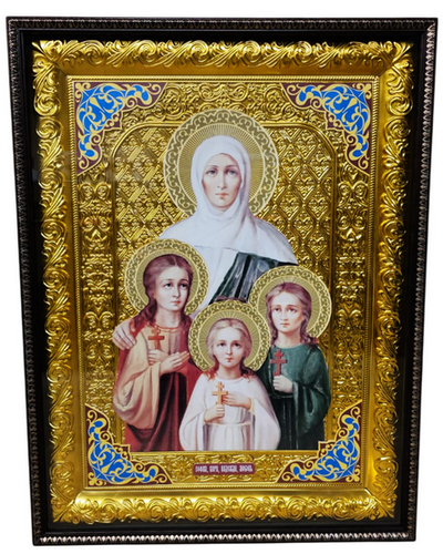 Вера, Надежда,Любовь, и мать их София (золотой фон). Храмовая икона в прямом композитном киоте, с багетом, 64 Х 84