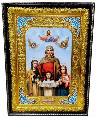 Вера, Надежда,Любовь, и мать их София (голубой фон). Храмовая икона в прямом композитном киоте, с багетом, 64 Х 84