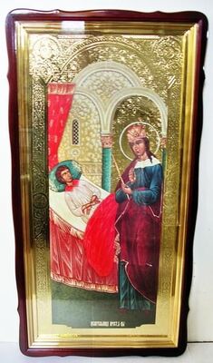Целительница Б.М., в фигурном киоте, с багетом. Храмовая икона 60 Х 114 см.