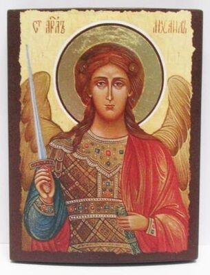 Арх. Михаил (пояс, светлый фон), икона под старину JERUSALEM панорамная, с клиньями (13 Х 17)