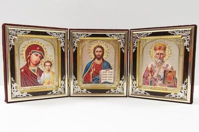 Иконостас домашний, бархат, средний, 3 лика, имитация камней, риза, конгрев, 40 Х 15,5 см.