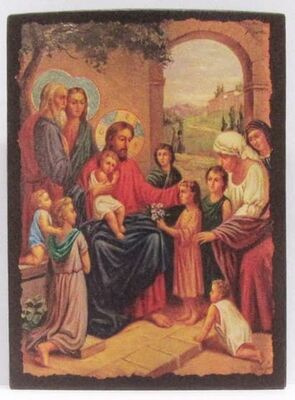 Благословение детей, икона под старину JERUSALEM панорамная, с клиньями (13 Х 17)
