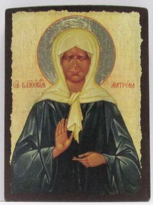 Матрона Московская (зелёное одеяние), икона под старину JERUSALEM панорамная, с клиньями (13 Х 17)
