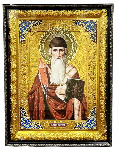 Спиридон (пояс,плинфа). Храмовая икона в прямом композитном киоте, с багетом, 64 Х 84