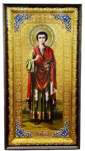 Пантелеймон (рост). Храмовая икона в прямом композитном киоте, с багетом, 64 Х 125