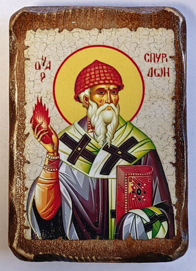 Спиридон Тримифунтский (ПОЯС), икона под старину, на дереве (8x10)