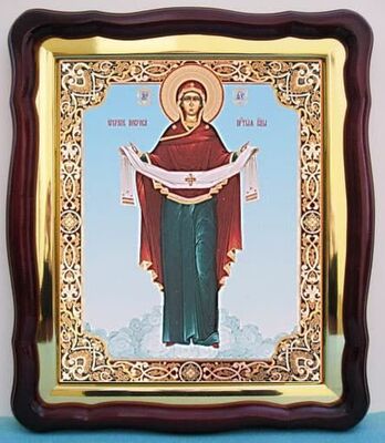Покров (ростовой), в фигурном киоте, с багетом. Большая аналойная икона (28 Х 32)