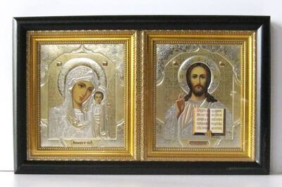Иконостас домашний в киоте, двойной, горизонтальный, риза, 42 Х 26 см.