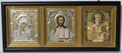 Иконостас домашний в киоте, тройной, горизонтальный, 60 Х 26 см.