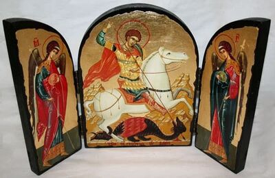 Георгий, убивающий змея, с Архангелами, традиционный Афонский складень 35 Х 24 см.