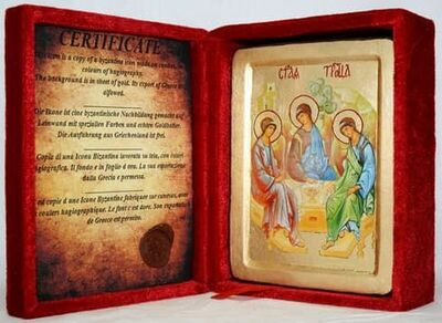 Троица, икона Греческая, в бархатном футляре, 13 Х 17