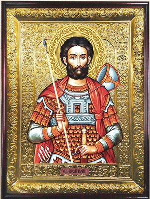 Иоанн Воин (пояс, красн. од.). Храмовая икона в прямом композитном киоте, с багетом, 64 Х 84