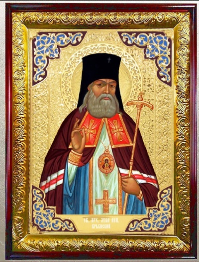 Лука Крымский (пояс). Храмовая икона в прямом композитном киоте, с багетом, 64 Х 84