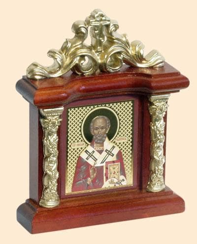 Николай Чудотворец. Икона настольная на подст. малая, с узором 8.5 Х 6,5 см.