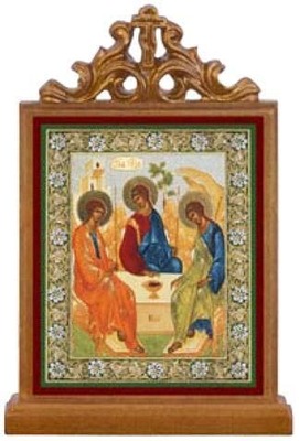 Троица. Икона настольная прямоуг. на подст., с узором , 11 Х 7,5 см.