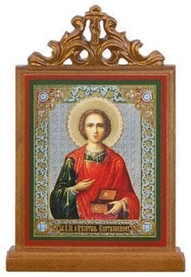 Пантелеймон. Икона настольная прямоуг. на подст., с узором , 11 Х 7,5 см.