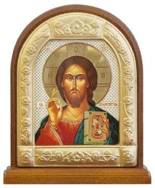 Спаситель. Икона настольная арка на подст. средняя, с фигурным багетом 9.5 Х 8 см.
