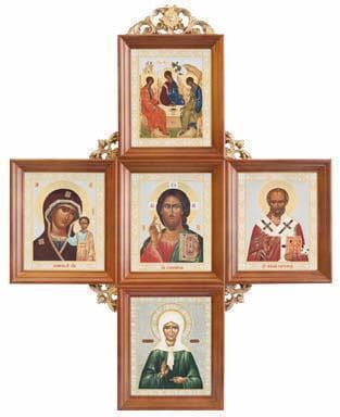 Иконостас домашний в прямом киоте, крест, 5 ликов, Матрона 51,5 Х 40 см.